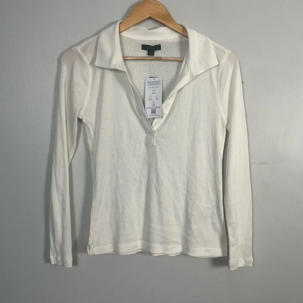 J crew white Ribbed polo long sleeve T-shirt size small new